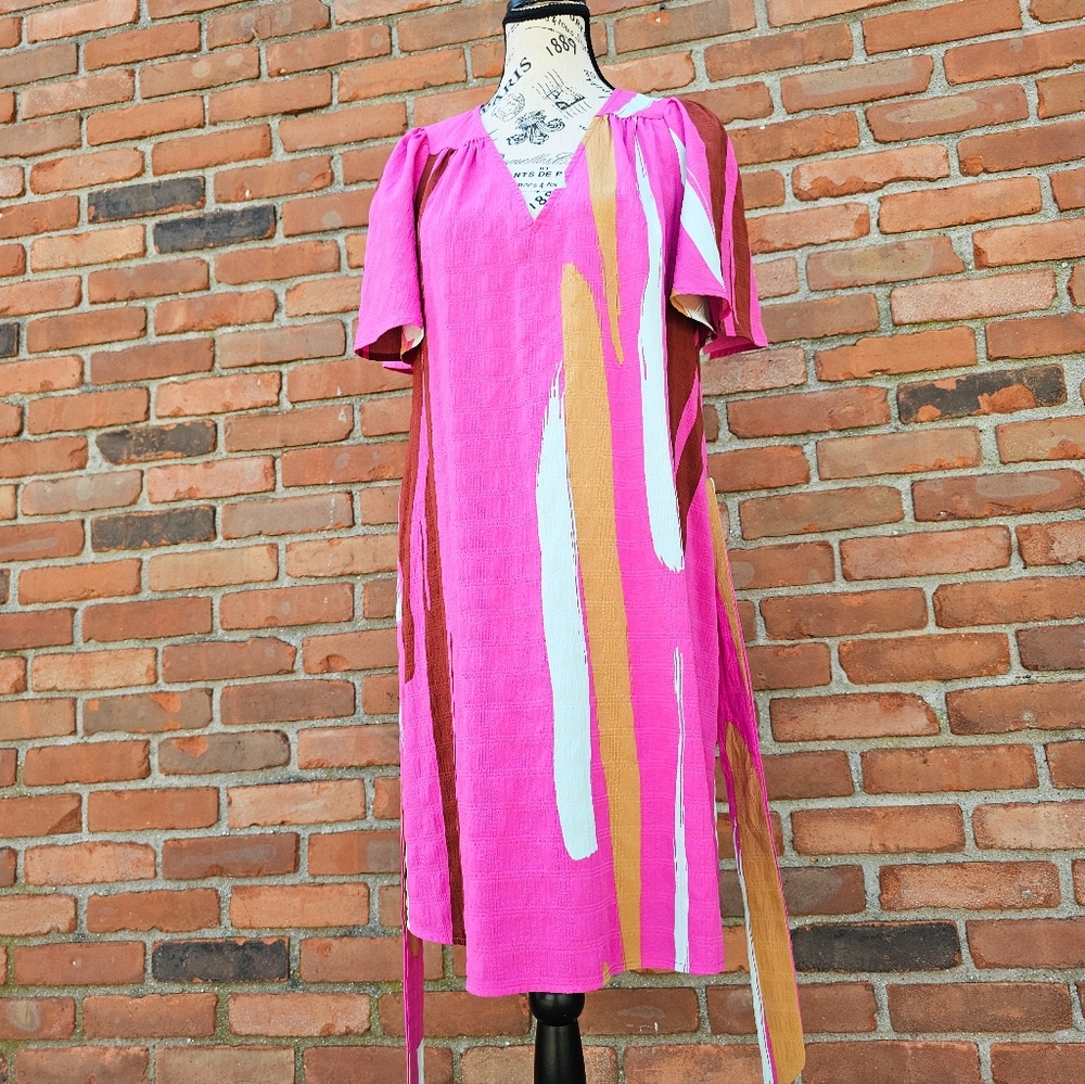 Nine West Pink Geometric Print Belted Dress | Midi Casual V-Neck Dress | Size M